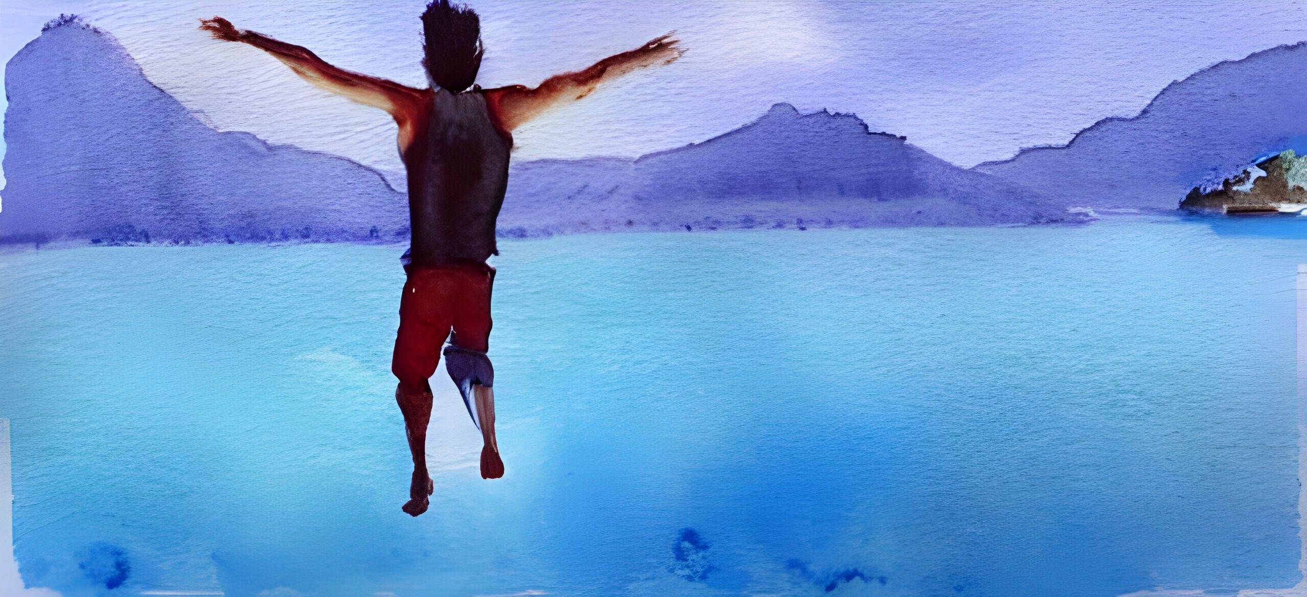painting of a man jumping into a lake to symbolize getting out of a rut
