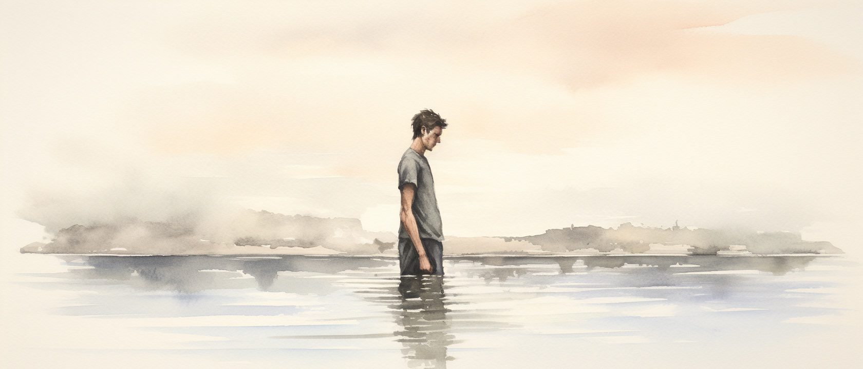 painting of a man standing in the water with head down, desolate, powerless