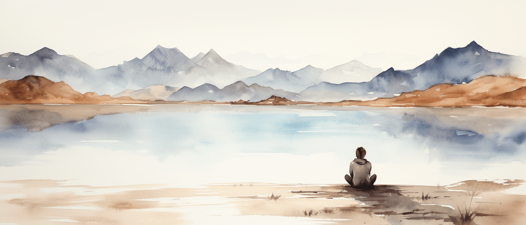 painting of a man sitting at edge of a large lake doing a heart meditation